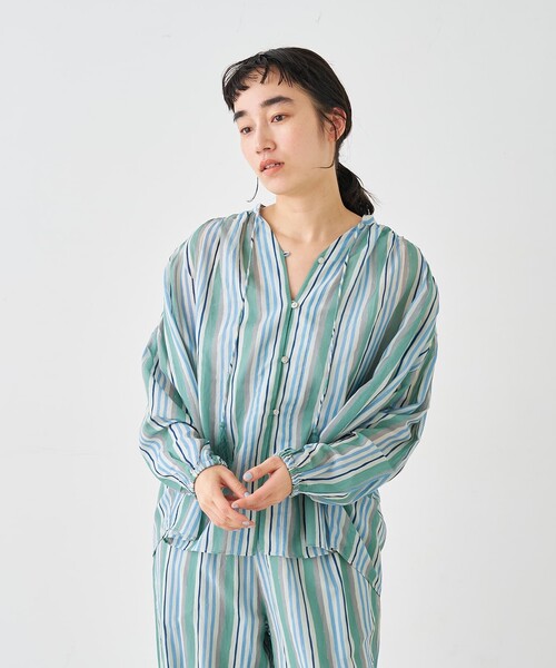 collex（コレックス）の「ブロックプリント ユラギ ストライプブラウス（シャツ/ブラウス・レディース・セージグリーン/ダークブラウン・フリー）」の15枚目の写真