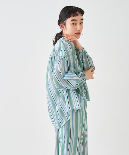 collex（コレックス）の「ブロックプリント ユラギ ストライプブラウス（シャツ/ブラウス・レディース・セージグリーン/ダークブラウン・フリー）」の18枚目の写真