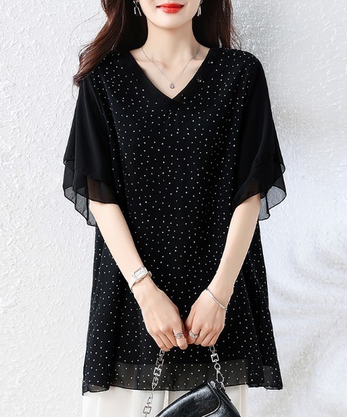AMAJI(アマジ)の「Vネック プリント シフォンブラウス(シャツ/ブラウス・レディース・ブラック・LARGE/X-LARGE/XX-LARGE)」の4枚目の写真
