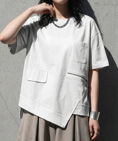 アシンメトリー ジップデザイン Tシャツ（Tシャツ/カットソー