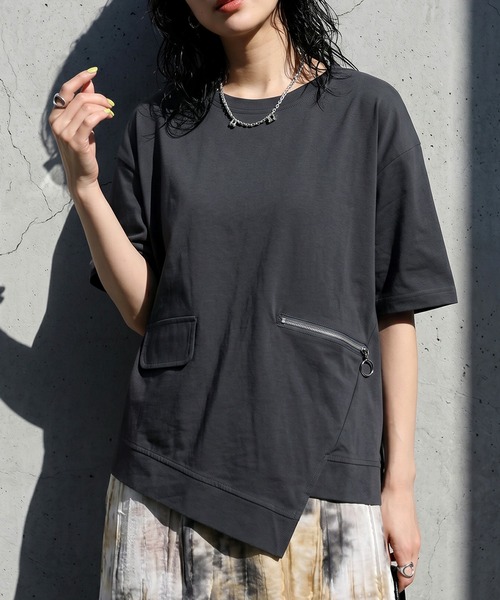 アシンメトリー ジップデザイン Tシャツ（Tシャツ/カットソー