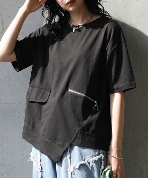 アシンメトリー ジップデザイン Tシャツ（Tシャツ/カットソー