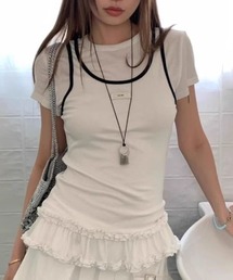 レイヤード風配色パイピング 半袖コンパクトTシャツ
