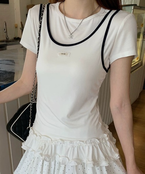 Teem Store（チームストア）の「レイヤード風配色パイピング 半袖コンパクトTシャツ（Tシャツ/カットソー・レディース・ホワイト・M/S）」の4枚目の写真