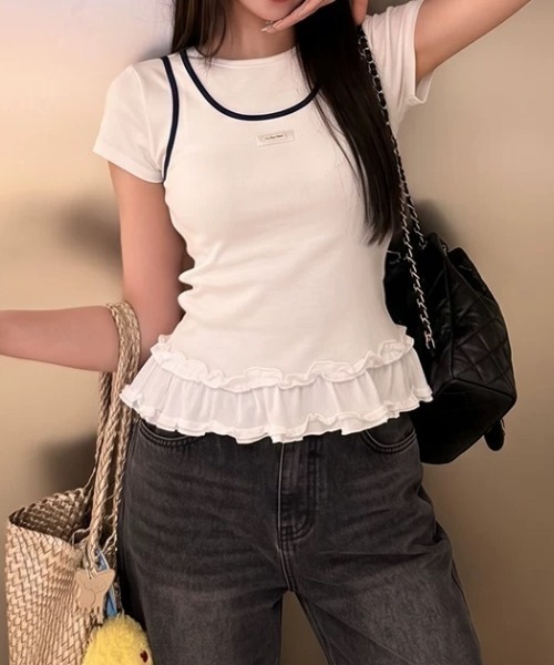 Teem Store（チームストア）の「レイヤード風配色パイピング 半袖コンパクトTシャツ（Tシャツ/カットソー・レディース・ホワイト・M/S）」の6枚目の写真