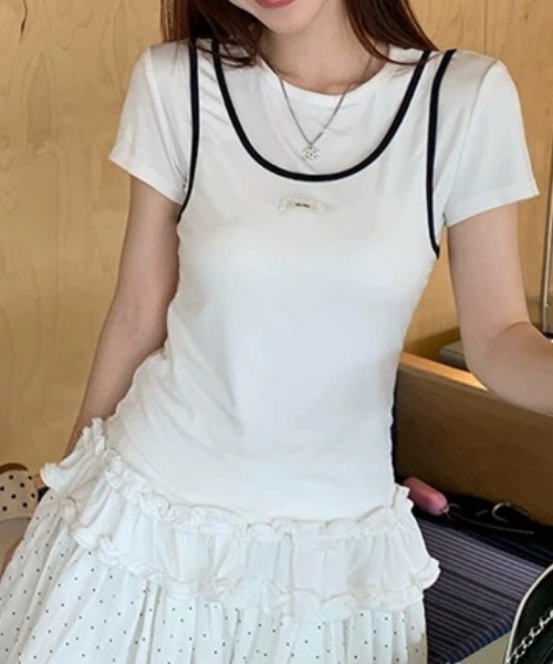 Teem Store（チームストア）の「レイヤード風配色パイピング 半袖コンパクトTシャツ（Tシャツ/カットソー・レディース・ホワイト・M/S）」の8枚目の写真