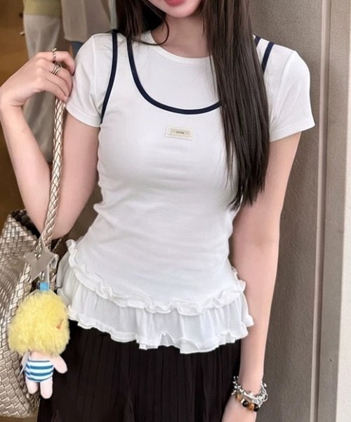 Teem Store（チームストア）の「レイヤード風配色パイピング 半袖コンパクトTシャツ（Tシャツ/カットソー・レディース・ホワイト・M/S）」の2枚目の写真