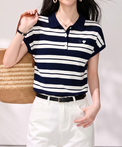 LUCPY(ラクピー)の「ボーダーフレンチスリーブポロニット(ポロシャツ・レディース・ホワイト×ブラック・SMALL/X-LARGE/LARGE/MEDIUM)」の2枚目の写真