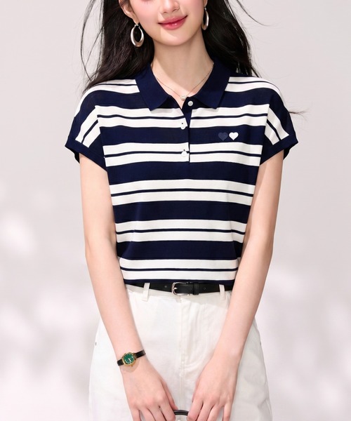 LUCPY(ラクピー)の「ボーダーフレンチスリーブポロニット(ポロシャツ・レディース・ホワイト×ブラック・SMALL/X-LARGE/LARGE/MEDIUM)」の3枚目の写真