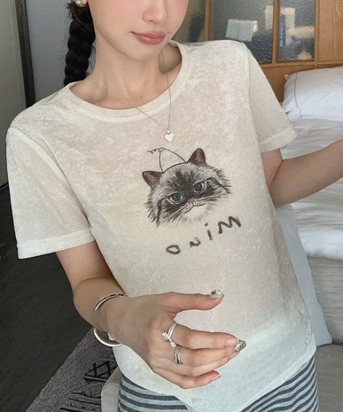 CHUN CHUN NOTES（チュンチュンノーツ）の「26SS/シアーフロッキーキャットプリントTシャツ（Tシャツ/カットソー・レディース・アイボリー・F）」の4枚目の写真