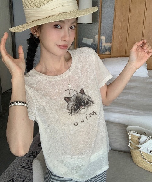 CHUN CHUN NOTES（チュンチュンノーツ）の「26SS/シアーフロッキーキャットプリントTシャツ（Tシャツ/カットソー・レディース・アイボリー・F）」の7枚目の写真