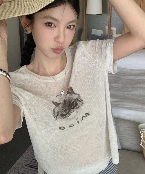 CHUN CHUN NOTES（チュンチュンノーツ）の「26SS/シアーフロッキーキャットプリントTシャツ（Tシャツ/カットソー・レディース・アイボリー・F）」の10枚目の写真