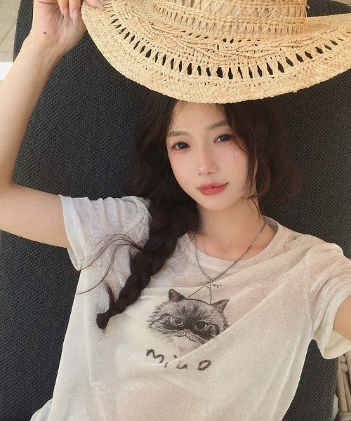 CHUN CHUN NOTES（チュンチュンノーツ）の「26SS/シアーフロッキーキャットプリントTシャツ（Tシャツ/カットソー・レディース・アイボリー・F）」の14枚目の写真