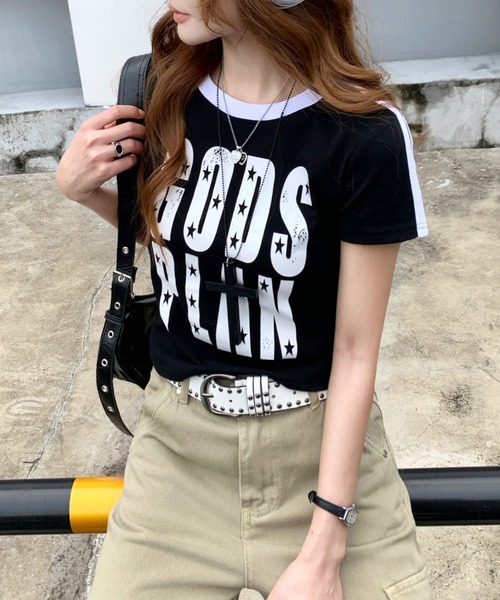 SHEENA（シーナ）の「ラインスリーブ配色ロゴリンガーTシャツ（Tシャツ/カットソー・レディース・イエロー/ホワイト/ブラック・M）」の5枚目の写真
