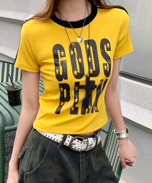 SHEENA（シーナ）の「ラインスリーブ配色ロゴリンガーTシャツ（Tシャツ/カットソー・レディース・イエロー/ホワイト/ブラック・M）」の13枚目の写真