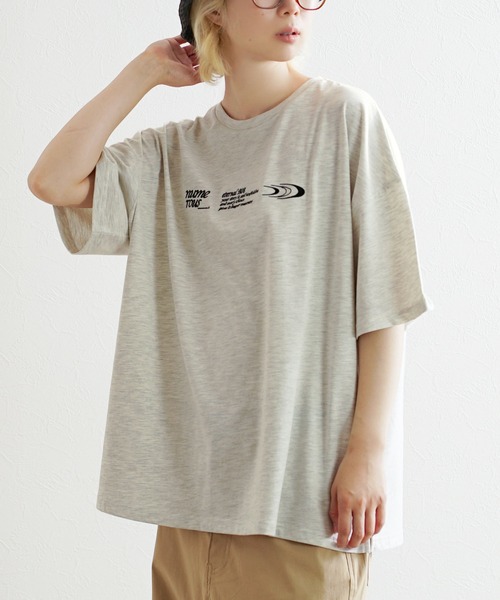 e-zakkamania stores（イーザッカマニアストアーズ）の「アソートロゴ＆マーク刺繍 BIGTシャツ（Tシャツ/カットソー・レディース・ネイビー/グレイッシュベージュ/オートミール・フリー）」の2枚目の写真