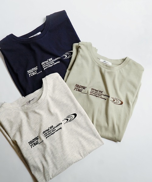 e-zakkamania stores（イーザッカマニアストアーズ）の「アソートロゴ＆マーク刺繍 BIGTシャツ（Tシャツ/カットソー・レディース・ネイビー/グレイッシュベージュ/オートミール・フリー）」の7枚目の写真