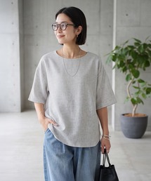 涼しい麻調5分袖プルオーバーブラウス