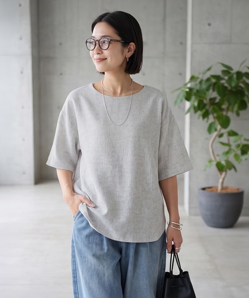 STYLE DELI(スタイルデリ)の「涼しい麻調5分袖プルオーバーブラウス(シャツ/ブラウス・レディース・ブラック/グレー/ホワイト・FREE)」の2枚目の写真
