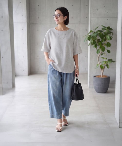 STYLE DELI(スタイルデリ)の「涼しい麻調5分袖プルオーバーブラウス(シャツ/ブラウス・レディース・ブラック/グレー/ホワイト・FREE)」の4枚目の写真