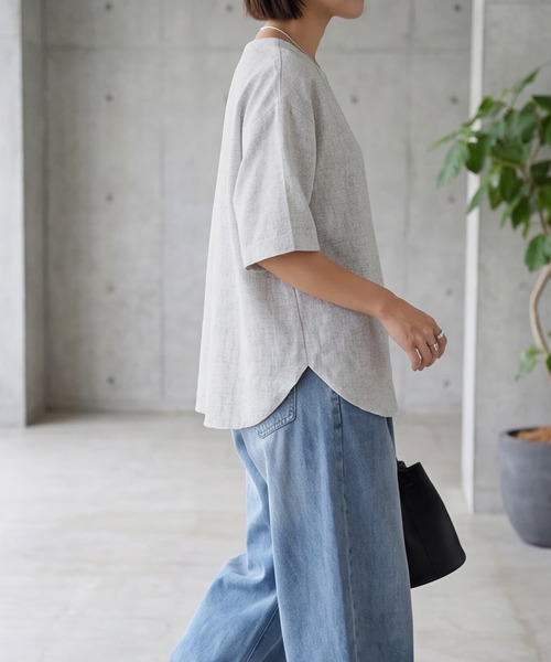 STYLE DELI(スタイルデリ)の「涼しい麻調5分袖プルオーバーブラウス(シャツ/ブラウス・レディース・ブラック/グレー/ホワイト・FREE)」の5枚目の写真