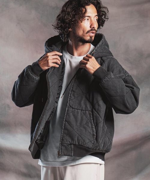mj11789-Diamond-Quilted Denim Hooded Padded Jacket キルトデニム