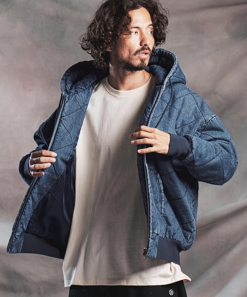 mj11789-Diamond-Quilted Denim Hooded Padded Jacket キルトデニム