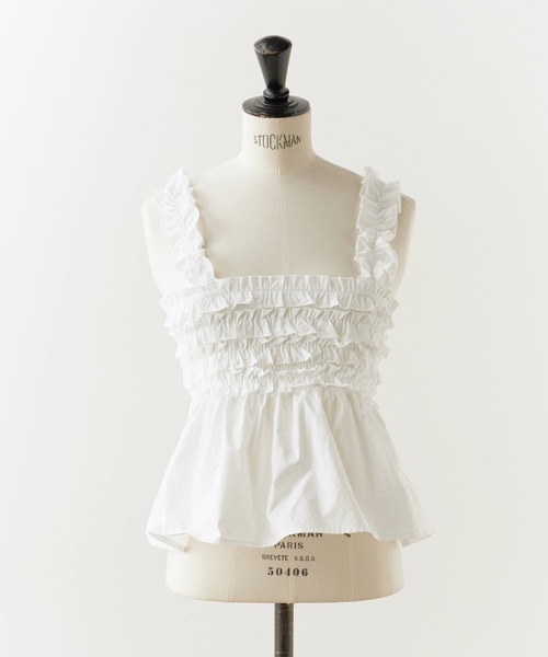 Chick（チック）の「Ruffle Shirring Cami Top / フリルシャーリング キャミトップス 夏物 夏服（キャミソール・レディース・ネイビー/グリーン/ホワイト・FREE）」の2枚目の写真