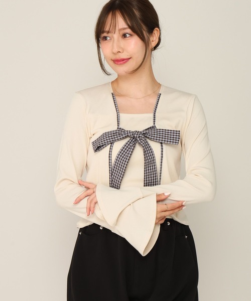Heather(ヘザー)の「バイカラーリボンカットソー 1063894(Tシャツ/カットソー・レディース・グレー/ブラック/アイボリー・FREE)」の1枚目の写真