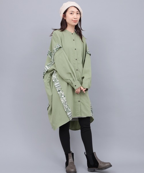 チチカカ（チチカカ）の「柄ライン切替シャツワンピース（ワンピース・レディース・ベージュ/ブラック/カーキ・FREE）」の7枚目の写真