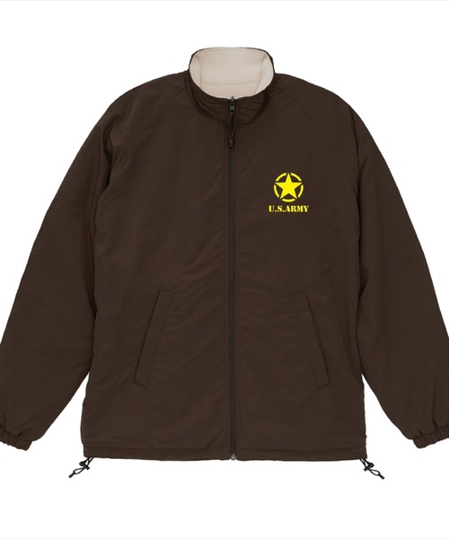 Ol' Basics（オールベーシックス）の「Ol' Basics（オール・ベーシックス） トラックジャケット リバーシブル 2WAY U.S.ARMY ロゴプリント ナイロン フリース トレーニングジャケット ナイロンジャケット ウインドブレーカー フリースジャケット アウター アメカジ ミリタリー メンズ レディース ユニセックス（ブルゾン・メンズ・ダークオリーブ/ネイビー/ブラウン/ブラック・M/L/XL）」の2枚目の写真
