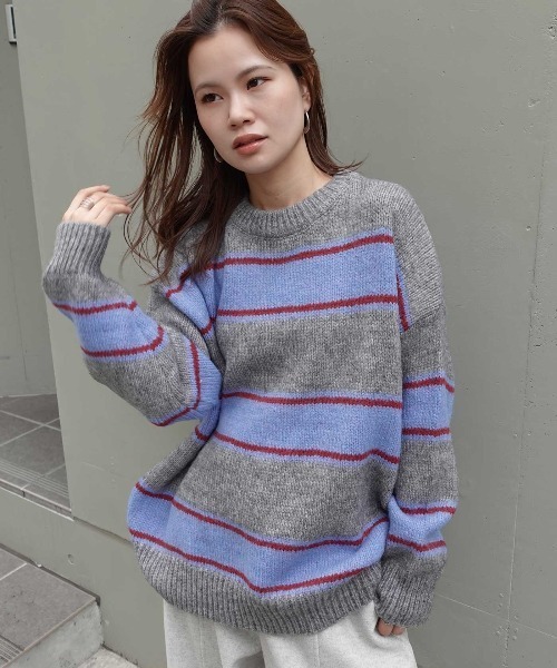 CORNERS(コーナーズ)の「ボーダークルーネックニットトップス(Tシャツ/カットソー・レディース・グレー/アイボリー/ボルドー/ブラウン/ネイビー・M)」の3枚目の写真