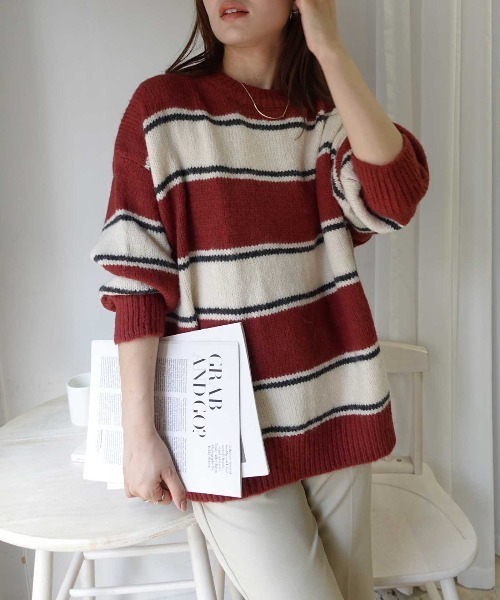 CORNERS(コーナーズ)の「ボーダークルーネックニットトップス(Tシャツ/カットソー・レディース・グレー/アイボリー/ボルドー/ブラウン/ネイビー・M)」の5枚目の写真