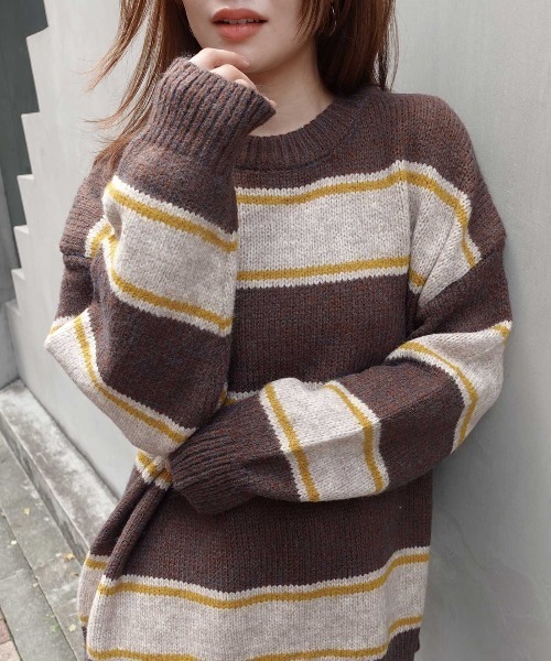 CORNERS(コーナーズ)の「ボーダークルーネックニットトップス(Tシャツ/カットソー・レディース・グレー/アイボリー/ボルドー/ブラウン/ネイビー・M)」の9枚目の写真