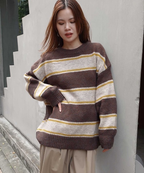 CORNERS(コーナーズ)の「ボーダークルーネックニットトップス(Tシャツ/カットソー・レディース・グレー/アイボリー/ボルドー/ブラウン/ネイビー・M)」の8枚目の写真