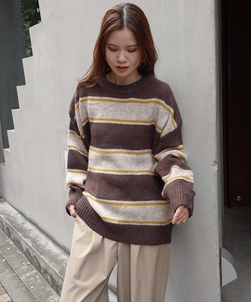 CORNERS(コーナーズ)の「ボーダークルーネックニットトップス(Tシャツ/カットソー・レディース・グレー/アイボリー/ボルドー/ブラウン/ネイビー・M)」の7枚目の写真