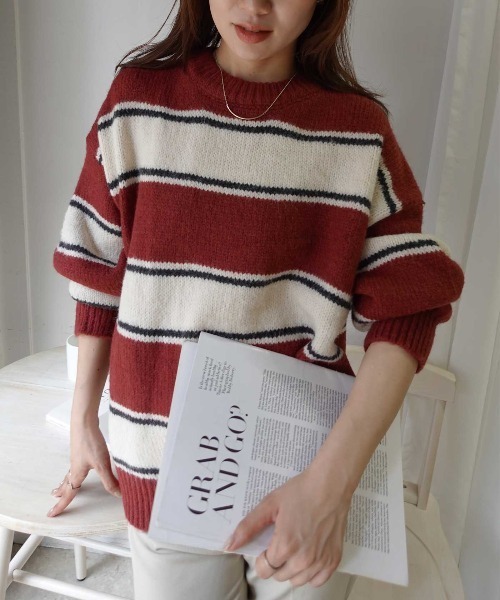 CORNERS(コーナーズ)の「ボーダークルーネックニットトップス(Tシャツ/カットソー・レディース・グレー/アイボリー/ボルドー/ブラウン/ネイビー・M)」の16枚目の写真
