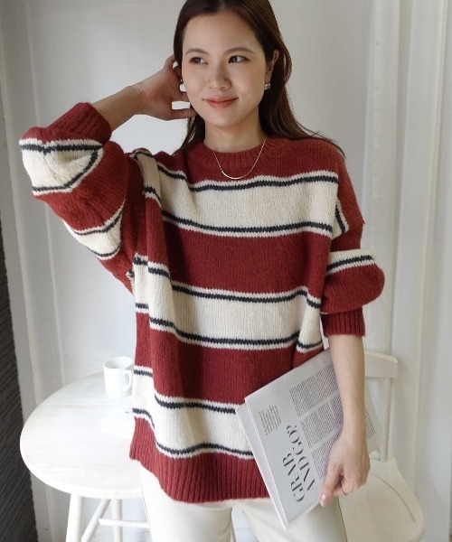 CORNERS(コーナーズ)の「ボーダークルーネックニットトップス(Tシャツ/カットソー・レディース・グレー/アイボリー/ボルドー/ブラウン/ネイビー・M)」の17枚目の写真