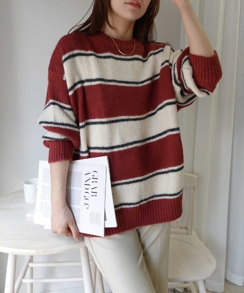 CORNERS(コーナーズ)の「ボーダークルーネックニットトップス(Tシャツ/カットソー・レディース・グレー/アイボリー/ボルドー/ブラウン/ネイビー・M)」の18枚目の写真