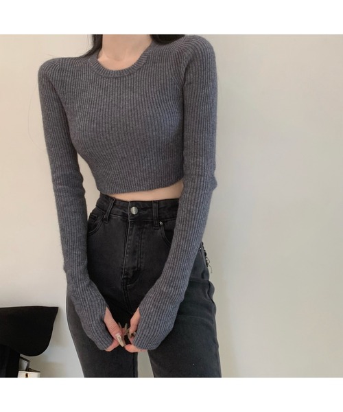 somnium(ソムニウム)の「ショート丈リブニット/レディース ミニ クロップド 韓国ファッション(ニット/セーター・レディース・ベージュ/グレー/ブラック・FREE)」の2枚目の写真