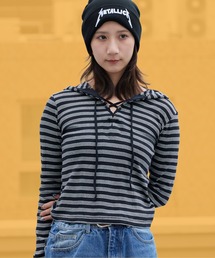 MILLER | R.P.miller/ミラー Prib Henley hoodie パネルリブ コットン ボーダー ヘンリーネックパーカー Y2K レディース ガーリー 韓国 2026年秋冬(パーカー)