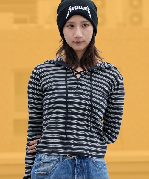 MILLER（ミラー）の「R.P.miller/ミラー Prib Henley hoodie パネルリブ コットン ボーダー ヘンリーネックパーカー Y2K レディース ガーリー 韓国 2026年秋冬（パーカー・レディース・ブラック/ブラック×ホワイト/ブルー・FREE）」の2枚目の写真