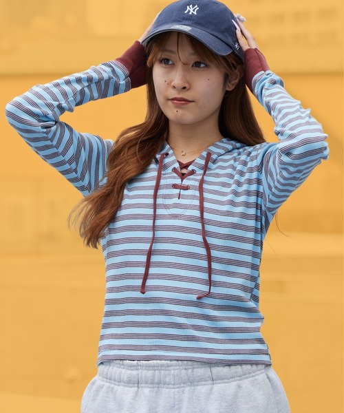 MILLER（ミラー）の「R.P.miller/ミラー Prib Henley hoodie パネルリブ コットン ボーダー ヘンリーネックパーカー Y2K レディース ガーリー 韓国 2026年秋冬（パーカー・レディース・ブラック/ブラック×ホワイト/ブルー・FREE）」の3枚目の写真