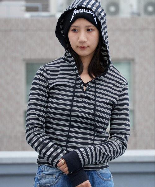 MILLER（ミラー）の「R.P.miller/ミラー Prib Henley hoodie パネルリブ コットン ボーダー ヘンリーネックパーカー Y2K レディース ガーリー 韓国 2026年秋冬（パーカー・レディース・ブラック/ブラック×ホワイト/ブルー・FREE）」の16枚目の写真