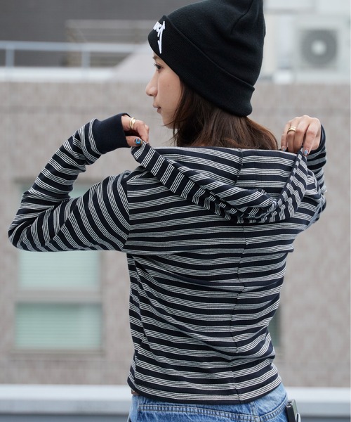 MILLER（ミラー）の「R.P.miller/ミラー Prib Henley hoodie パネルリブ コットン ボーダー ヘンリーネックパーカー Y2K レディース ガーリー 韓国 2026年秋冬（パーカー・レディース・ブラック/ブラック×ホワイト/ブルー・FREE）」の17枚目の写真