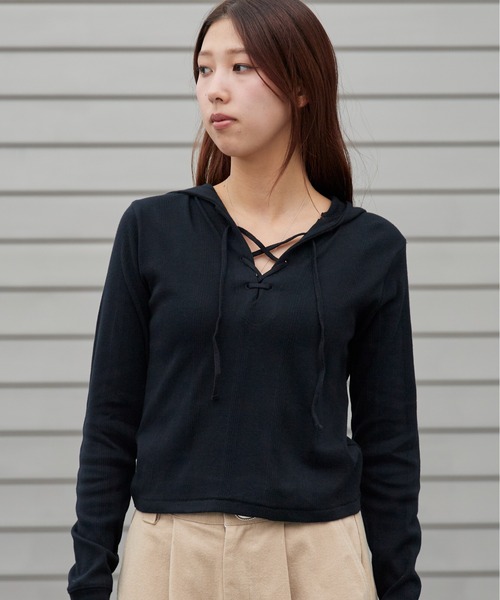 MILLER（ミラー）の「R.P.miller/ミラー Prib Henley hoodie パネルリブ コットン ボーダー ヘンリーネックパーカー Y2K レディース ガーリー 韓国 2026年秋冬（パーカー・レディース・ブラック/ブラック×ホワイト/ブルー・FREE）」の7枚目の写真
