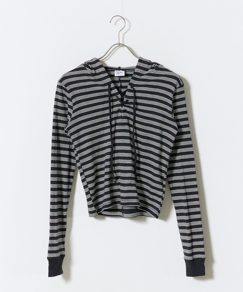 MILLER（ミラー）の「R.P.miller/ミラー Prib Henley hoodie パネルリブ コットン ボーダー ヘンリーネックパーカー Y2K レディース ガーリー 韓国 2026年秋冬（パーカー・レディース・ブラック/ブラック×ホワイト/ブルー・FREE）」の13枚目の写真