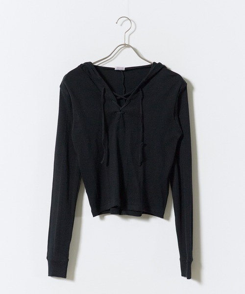 MILLER（ミラー）の「R.P.miller/ミラー Prib Henley hoodie パネルリブ コットン ボーダー ヘンリーネックパーカー Y2K レディース ガーリー 韓国 2026年秋冬（パーカー・レディース・ブラック/ブラック×ホワイト/ブルー・FREE）」の5枚目の写真