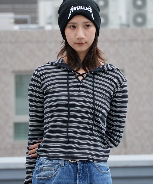 MILLER（ミラー）の「R.P.miller/ミラー Prib Henley hoodie パネルリブ コットン ボーダー ヘンリーネックパーカー Y2K レディース ガーリー 韓国 2026年秋冬（パーカー・レディース・ブラック/ブラック×ホワイト/ブルー・FREE）」の15枚目の写真