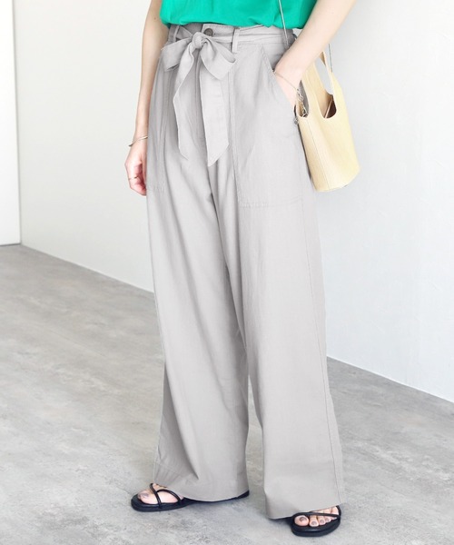 reca(レカ)の「ウエストリボン リネンワイドパンツ(その他パンツ・レディース・ネイビー/カーキ/モカ/グレー系その他/オフホワイト/ブラック/モスグリーン・M/L)」の4枚目の写真